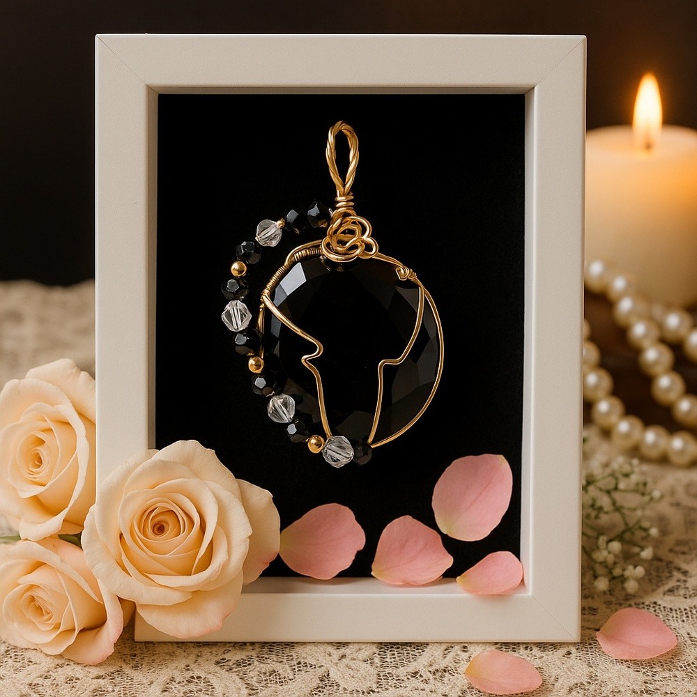 Gold Wire Wrapped Black Faceted Stone‎ Pendant Necklace with Beads